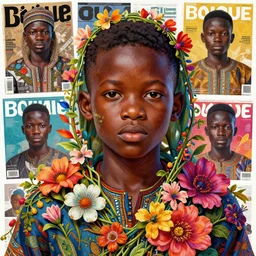colourful vfx art - portrait of nigerian boy wrapped in flowers & vines, art by hsiao - ron cheng & james jean - presented as magazine collage style, volumetric light, colourful, sharp, detailed, digital painting, illustration, illustration, magazine collage, highly detailed, intricate detail, unreal engine, octae render, pinterest, behance, art station,