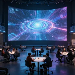hall in cyber space concept, a lot of people siting on tables, large screen, artstation
