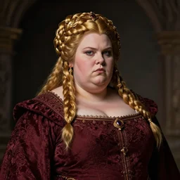 Portrait | chubby female dwarven noblewoman | elaborated brocade burgundy dress | complex adorned golden braided hair | style by greg rutkowski, wayne reynolds, giotto dramatic light | high detail | cinematic lighting | artstation | Regal and Proud fat woman| bold serious expression | dungeons and dragons |