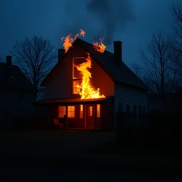 house on fire, almost night, dim light, ultra hd, ultra sharp, hyper detailed, 8 k, shot on 3 5 mm film camera, smooth sharp focus, realism, tumblr aesthetic, we heart it aesthetic,