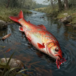 dead river, dead fish, poland, red color, highly detailed, 8 k, artstation, beutifull, masterpiece by beksinski