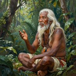 a beautiful painting of an indigenous very old man with white long hair sitting in the jungle, telling stories, matte painting, art by christophe vacher