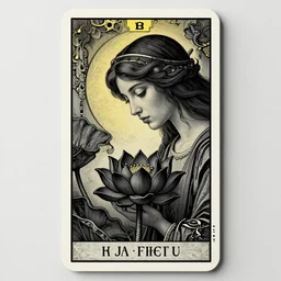 a beautiful and hyperdetailed tarot card of a woman looking down at a black lotus flower, centered in frame, viewed in profile, art nuovo, ultrawide lens, 8 k, volumetric lighting, cinematic, find detail, cell shaded, intricate detail, octane render, art by chris rahn and greg rutkowski and adam paquette