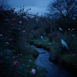 a surreal small twilight creek - garden, rose - brambles, lambent - birds, mystery - magic, serene overcast atmosphere, midnight - blue, blue - black, cinematic
