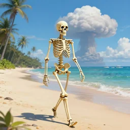relaxed skeleton walking on a tropical beach, nuclear mushroom cloud in the background, digital painting, high quality, trending on Artstation, realistic, tropical color scheme, anatomically correct skeleton, high coherence, clear blue sky