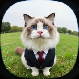 a photo of a ragdoll cat wearing a business suit in a sunny field, fisheye lens