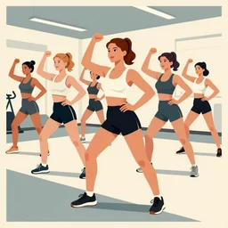 girls group fitness class in a gym, very coherent, 1 9 4 0 s propaganda poster art, two tone, muted colors