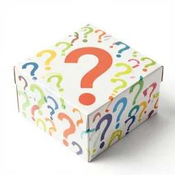a box covered in colorful question marks
