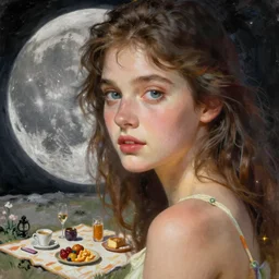 woman in a sundress having a picnic on the moon, finely illustrated face, intricately detailed features, digital painting, makoto shinkai, painted by ilya kuvshinov and ross tran and artgerm and alphonse mucha