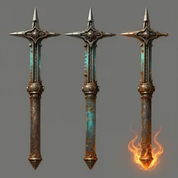 3 d concept art game asset sheet of weapons. by ( rembrandt painting ( 1 0 0 ) ( fractal flame ) ), highly detailded, turquoise rust