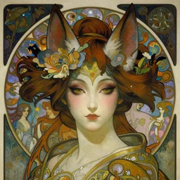 realistic detailed face portrait of a beautiful young otherworldly ethereal alien kitsune geisha by alphonse mucha, ayami kojima, amano, charlie bowater, karol bak, greg hildebrandt, jean delville, and mark brooks, art nouveau, neogothic, gothic, rich deep moody colors, celestial, surreal majestic dreamscape, character concept design