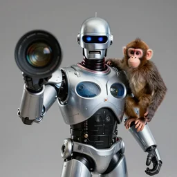 a 1 5 mm wide - angle lens photo of robocop holding an monkey up to the camera