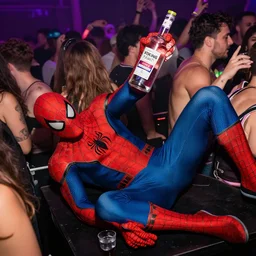Spiderman goes to a rave party and drink himself till he collapse, Spiderman drinks Viking Fjord vodka straight from the bottle, Spiderman in the moshpit, Realistic, HDR, HD, Real Event, 8K,