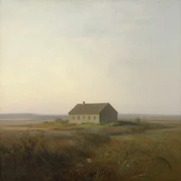 A serene landscape with a singular building in the style of Luminist.