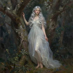 beautiful oil painting full body portrait of fairy princess princess soft skin silver hair standing in tree, Noah Bradley reference pictures