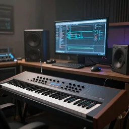 en epic synthesizer studio, cinematic light, photorealistic, unreal engine, zbrush central,