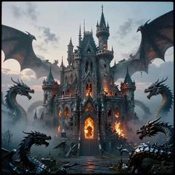 a portrait of a fire - damaged castle surrounded by dragons and a mist shot at twilight on 3 0 mm film painted by david hardy and jim burns, intricate details, cool lighting, dramatic, metal, utopia