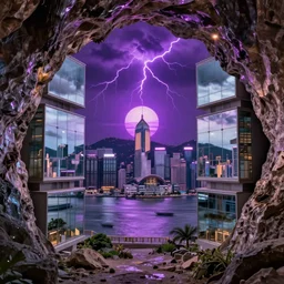 of a cave with a miniature futuristic photo - realistic view of hong kong with mirror windows : 4, highly symmetrical, balanced, purple lightning clouds : 3, octane render, violet sun : 2, in the style of sahm : 3, hd, ultra - realistic, in unreal engine
