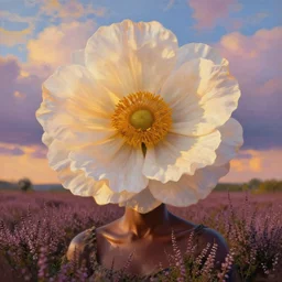 closeup, huge flower as head, an african woman in a heather field, surreal photography, golden hour, colorful clouds, impressionist painting, digital painting, artstation, simon stalenhag