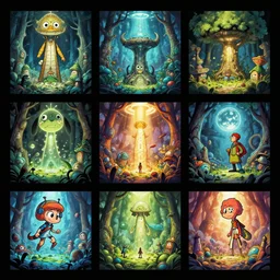 photo cartoon illustration comics manga painting of coridorenvironement : 6 fantasy environement, digital painting, unreal engine, 8 k, volumetric lighting, contrast by john kirby by carl warner and jim woodring, trending on artstation