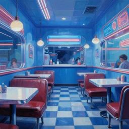 interior of an american diner in arkansas, cyberpunk style, hyperrealistic and beautiful painting, 8 k resolution, by hugh ferris and john smith, polished, fine detail, intricate, blue color scheme, smooth, octane, concept art, trending on artstation