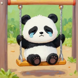 beautiful and adorable and cute acrylic! impasto! painting of a sad, crying panda bear on a playground swing