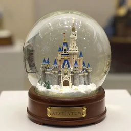 A snowglobe is on display with a castle inside.