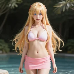 a very beautiful mature yuuki asuna, full body, long wavy blond hair, sky blue eyes, full round face, bikini, miniskirt, front view, cute pose, highly detailed, cinematic wallpaper by stanley artgerm lau