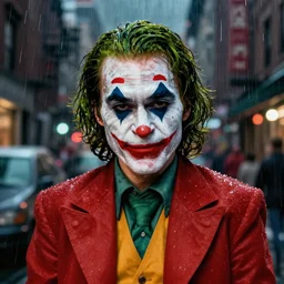 night flash portrait photography of thejoker on the lower east side by annie leibovitz, colorful!!, nighttime!, raining!