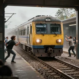 a very realistic train coming out of a movie screen. people yelling and running away from the train. 4K photo