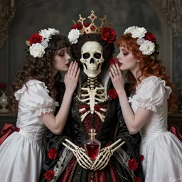 a skeleton Queen is haunted by two servant girls who whisper in her ear, red and white flowers, perfume, baroque, queer