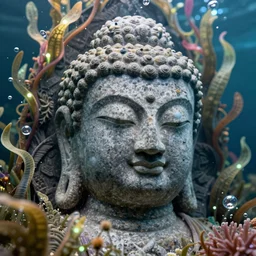 a stunning ultra detailed underwater fantasy closeup photo of a buddha head granite statue surrounded by bioluminescent sea plant vines, by tomasz alen kopera and tom bagshaw, water bubbles, very detailed, deep depth of field, 8 5 mm lens, soft lighting, artstation, highly coherent, 8 k