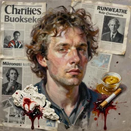 hyperrealistic, photorealistic, mixed media oil painting of charles bukowski, magazine scraps, plaster, blood, oil, mustard, cigarettes, splatter, trending on artstation, award - winning painting, greg rutkowski, basquiat, ralph steadman, terry gilliam