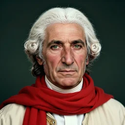 portrait of george washington as afghan man, green eyes and red scarf looking intently, photograph by steve mccurry