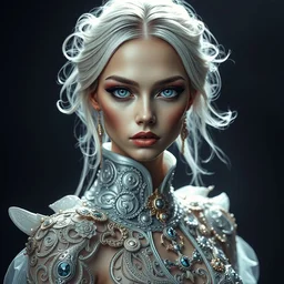 portrait of beautiful alien eyes european female model by irakli nadar wearing futuristic magical cyberpunk intricate detailed avant garde dress design by rocky gathercole, haunting, elite, elegant, ruan jia, dark, hyper detailed, concept art, by gustav klimt,