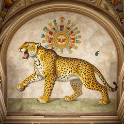 A fresco titled The Aztec Jaguar Fiend, cathedral ceiling, single figure focus, human wearing jaguar skins, wide angle, Michelangelo 1550s