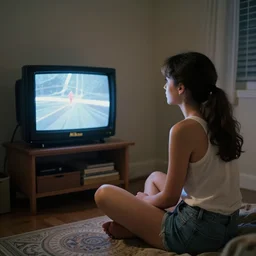 90's Professional Color Photography, Nikon, A girl watching television in her room at night. Summer
