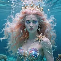 rachel weisz portrait, fantasy, mermaid, hyperrealistic, game character, underwater, highly detailed, sharp focus, cinematic lighting, pearls, glowing hair, shells, gills, crown, water, highlights, starfish, jewelry, realistic, digital art, pastel, magic, fiction, ocean, king, colorful hair, sparkly eyes, fish, heroic, god, waves, bubbles