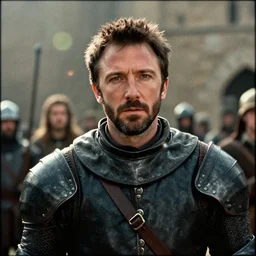 still frame from a movie, close up of ben affleck in a 15th century knight suit, centerframe, medieval background, rule of third, iphone 4, cooke prime 25mm, cinematic, film grain, flare