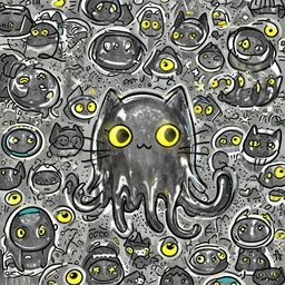 digital art of cute black slime monster in form of slime cat with yellow glowing eyes, Digital 2D