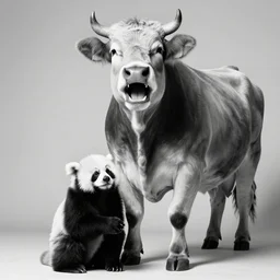 rare classified photo, black & white, studio lighting, a tall fat cow laughing with a short monkey panda, real fur and real skin
