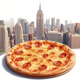 the city of manhattan with all buildings as pizzas with pepperoni as the windows of buildings and cheese dangling out as telephone cables. octane render