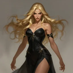 a highly detailed illustration of fierce blonde tanned skin goddess ereshkigal wearing black dress, dramatic elegant powerful pose, perfect face, perfect body, intricate, elegant, highly detailed, centered, digital painting, artstation, concept art, smooth, sharp focus, league of legends concept art, wlop