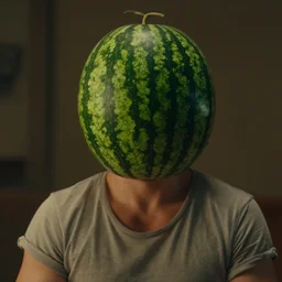 film still of a man with a watermelon for a head in the new scifi movie, 4 k