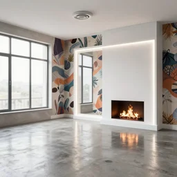 colour 3 5 mm, open shiny concrete floor, ceiling ventilation drum, architectural digest, big windows, fine art wallpapers, big white neon frames, fire place