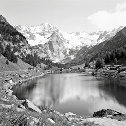 a drawing of lago di sorapis, in the style of den yakovlev, black and white, hyper realistic, highly detailed