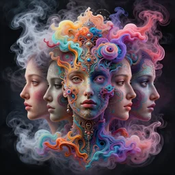 abstract colorful liquid smoke and clouds morphing into detailed faces, dmt, psilocybin, lsd, intricate, elegant, highly detailed, digital painting, artstation, smooth, sharp focus, illustration, art by alex grey, hana yata, beeple, josephine wall, octane render, unreal engine, 8 k