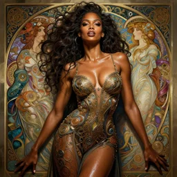 tyra banks, bold, passionate, seductive, expressive, charismatic, very sweaty, intricate fashion clothing, insane, intricate, highly detailed, digital painting, artstation, concept art, surrealistic, smooth, sharp focus, illustration, unreal engine 5, 8 k, art by artgerm and greg rutkowski and alphonse mucha