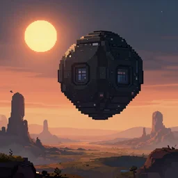 pixel art huge black faceted cube ship hangs in the sky over on an alien planet, sci - fi, two suns in the sky, sunset, strange rock formations, rolling hills, atmospheric, misty, artstation, deviantart