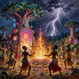( african women ) dancing around a ( glowing, energized, steampunk neon portal ) near the ( electric dragontree of life ) in a lightning storm, by greg rutkowski, justin bua. oil on canvas, afropunk!!, afrofuturism, detailed and intricate environment, global illumination, radiant lighting. highly detailed. masterpiece